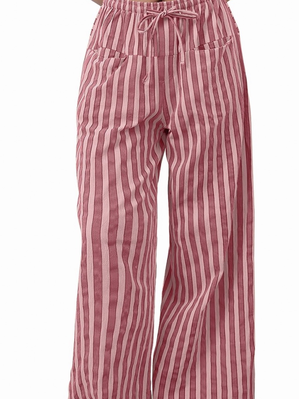 Striped Wide-Leg Drawstring Pants - Pink